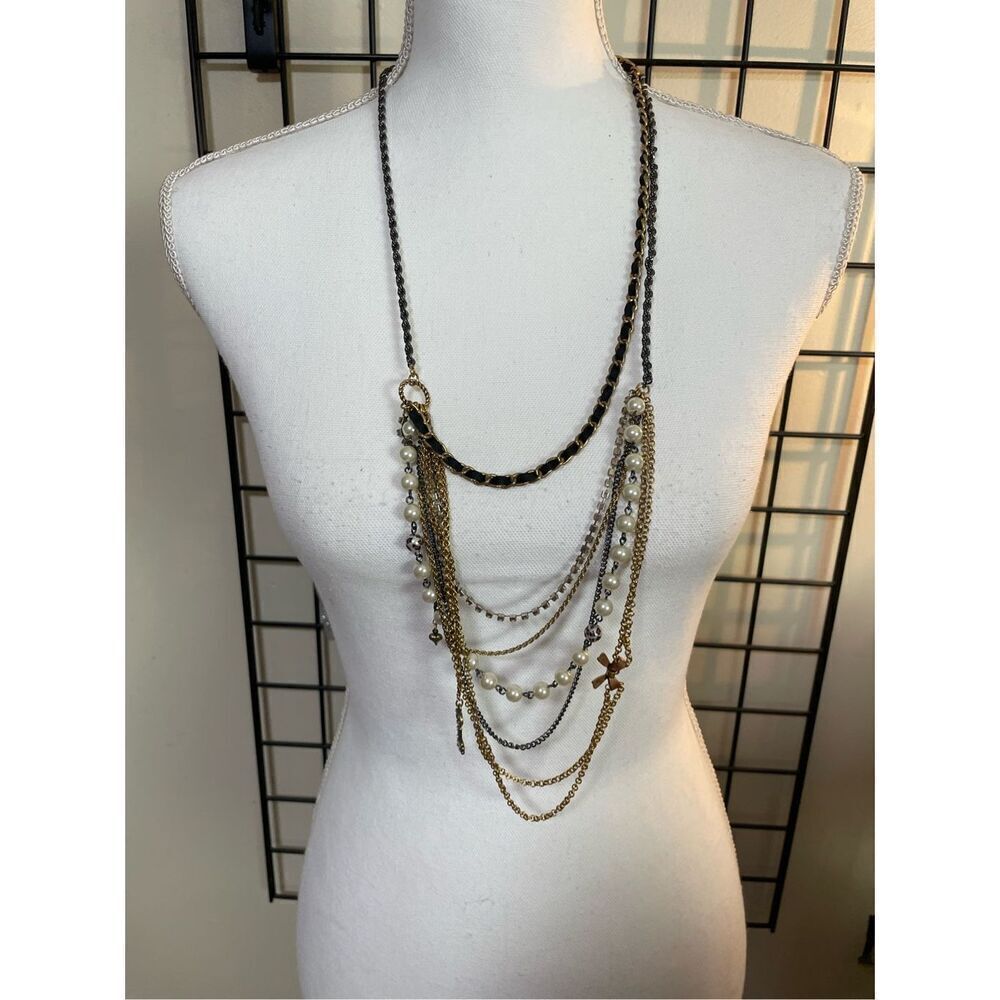 Betsey Johnson Vintage Multi Chain Charm Necklace with Pearls Rhinestones Vntg